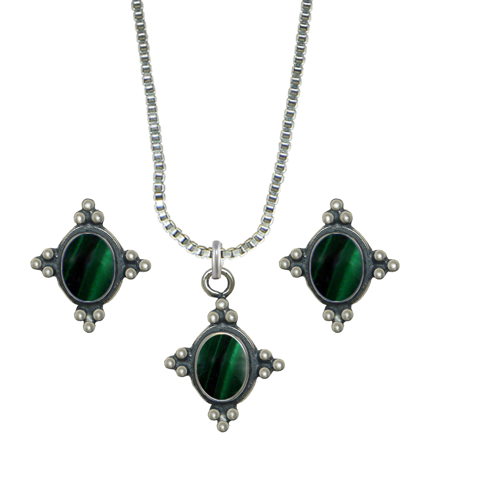 Sterling Silver Petite Necklace Earrings Set Malachite
